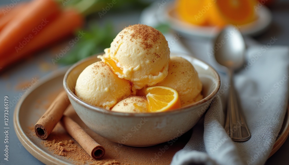 Poster carrot ice served in a bowl garnished with cinnamon and lemon for a refreshing dessert experience