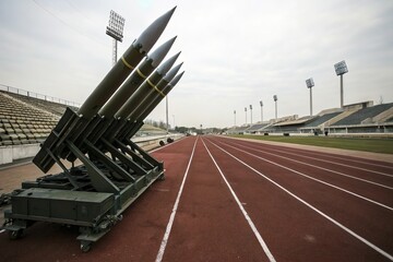 missile launcher on marathon path. Arms race concept