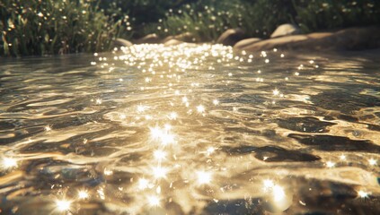 Naklejka premium Sunlit stream water sparkles, shallow riverbed with sunlight reflecting on surface.
