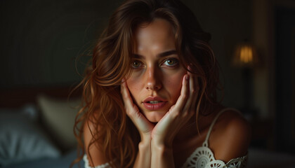 Fototapeta premium Pensive young woman expressing emotions in intimate setting, vulnerability