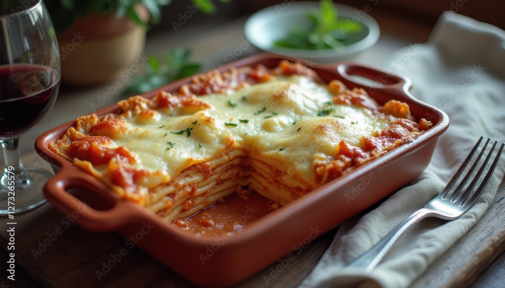 Poster Fusion lasagna with layers of flavor, nestled in a rustic setting with wine and herbs