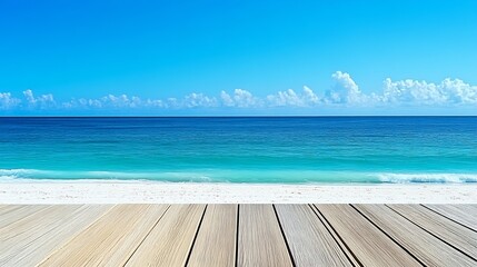 Fototapeta premium Stunning tropical beach view with wooden deck and crystal clear water under bright blue sky : Generative AI