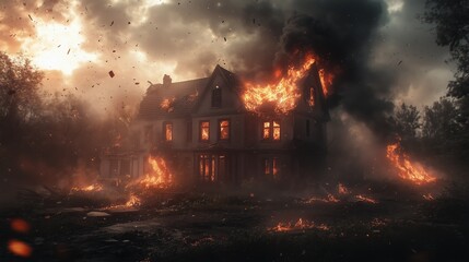 Dramatic view of an abandoned house engulfed in flames during sunset, illustrating the destructive power of fire and its impact on property and safety.