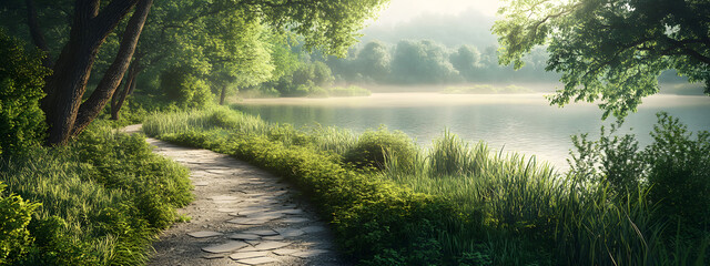 A winding path leading through lush greenery, lined with trees and tall grasses
