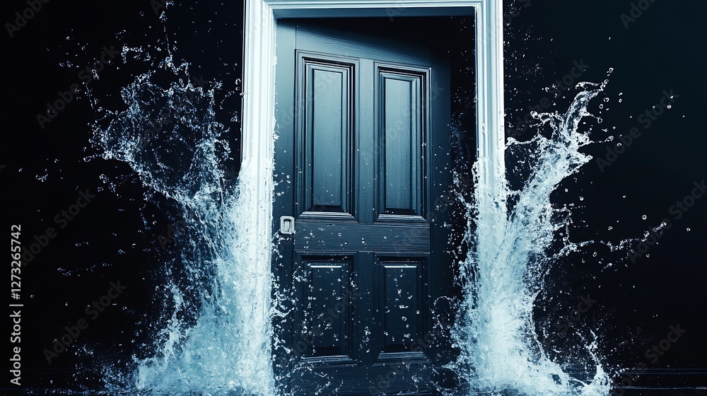 Aufkleber mysterious black door surrounded by splashes of water creating a dramatic atmosphere : generative ai