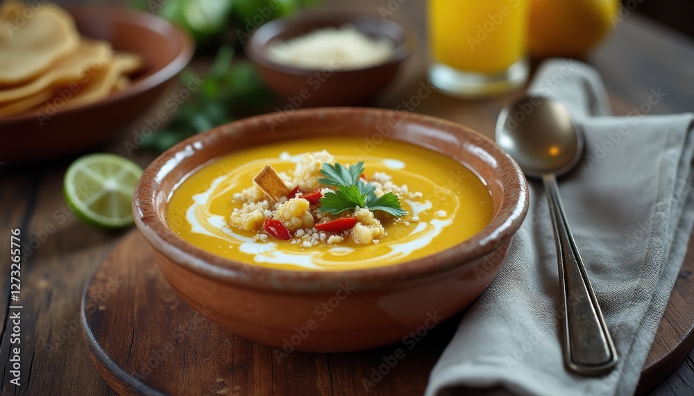 Poster deliciously plated mexican corn soup with vibrant toppings and fresh ingredients in a rustic setting
