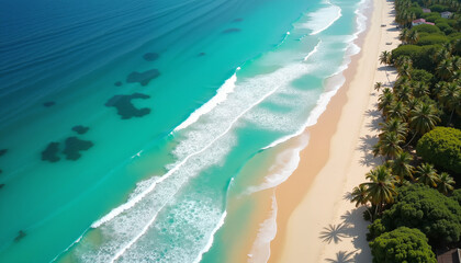 Aerial view of tropical beach with clear waters and palm trees, serenity