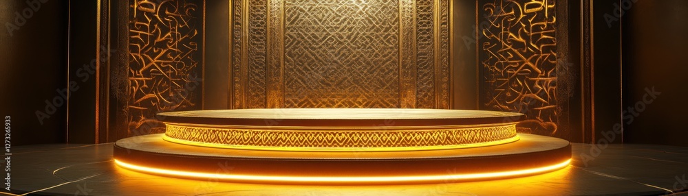Poster illuminated golden platform against an ornate detailed patterned backdrop