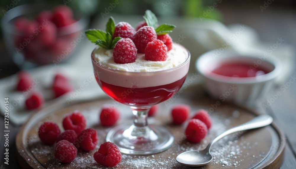 Aufkleber layers of raspberry mousse with fresh berries and mint served in a glass dish on a wooden table