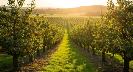 Naklejka premium Take a scenic photo of a pear orchard with trees laden with ripe pears, bathed in natural sunlight for a fresh and vibrant feel