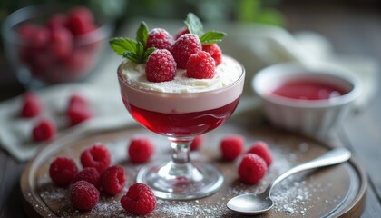 Layers of raspberry mousse with fresh berries and mint served in a glass dish on a wooden table