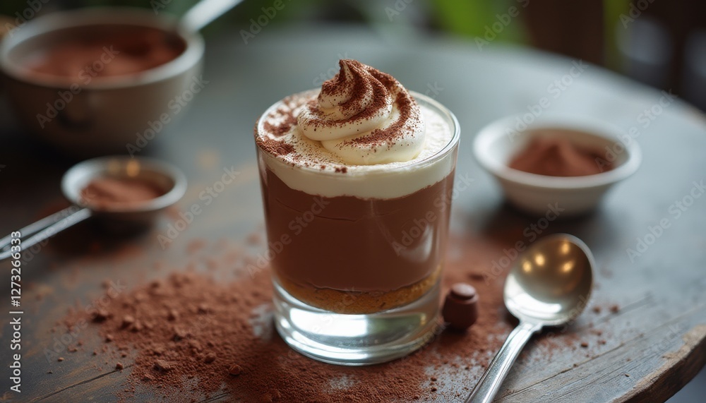 Poster Luxurious layered chocolate mousse served in a glass with whipped cream and cocoa dusting
