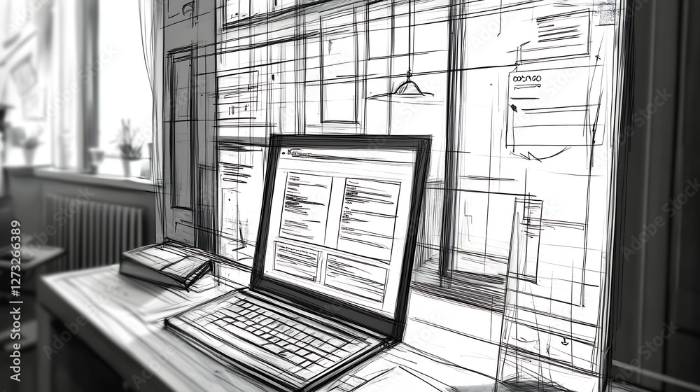 Aufkleber sketch of a home office workspace featuring a laptop and a cluttered desk with creative design ideas