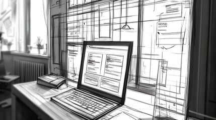 Sketch of a home office workspace featuring a laptop and a cluttered desk with creative design ideas visible : Generative AI