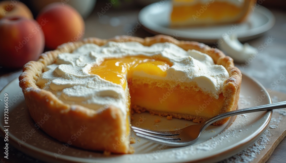 Aufkleber Deliciously layered peach pie with creamy filling and whipped topping served on a rustic table setting