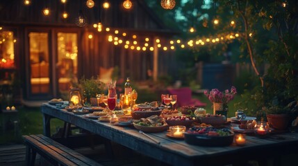 Charming outdoor dinner setting illuminated with string lights and filled with delicious food and drink for a perfect evening