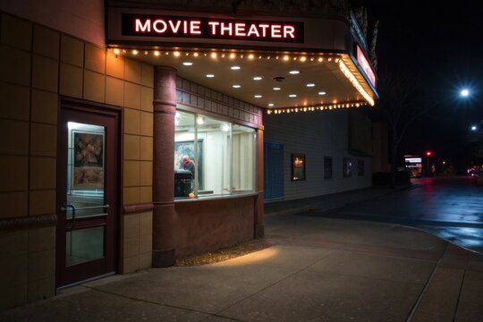 A vintage movie theater entrance illuminated at night, showcasing its marquee and ticket booth in a quiet urban setting.