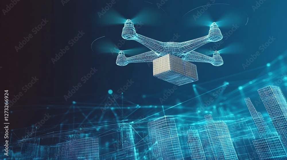 Poster Futuristic drone model hovering above city with digital grid representation and cargo delivery concept : Generative AI