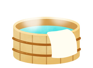 タオルと温泉のお湯が入った風呂桶のイラスト
