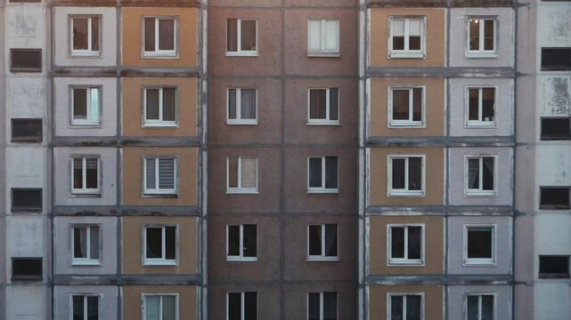 Urban brutal post-Soviet panel house with window. 90s residential area in Minsk, Belarus