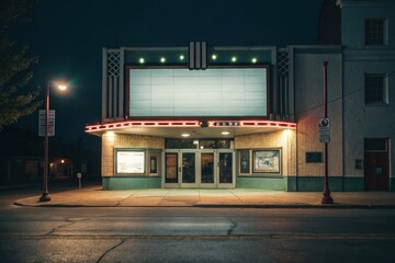 A vintage movie theater facade illuminated at night, featuring a blank marquee and art deco architecture, creating a nostalgic, cinematic atmosphere.