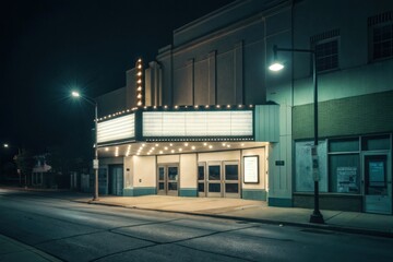 A vintage theater stands illuminated at night, showcasing its marquee and inviting atmosphere on a quiet street.