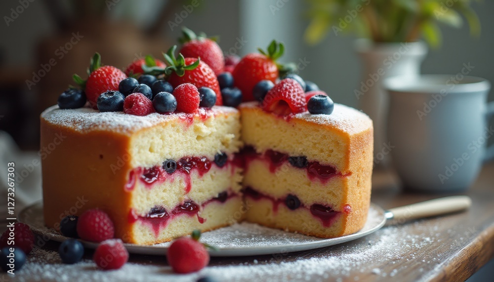 Aufkleber deliciously crafted cake with layers of jelly and fresh berries displayed on a wooden table