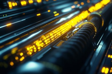 Close-up of futuristic, glowing technological machinery.