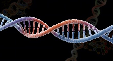 DNA Helix: Captivating close-up of a DNA helix, rendered in vibrant colors against a dark backdrop, highlighting the complexity of life at a molecular level.