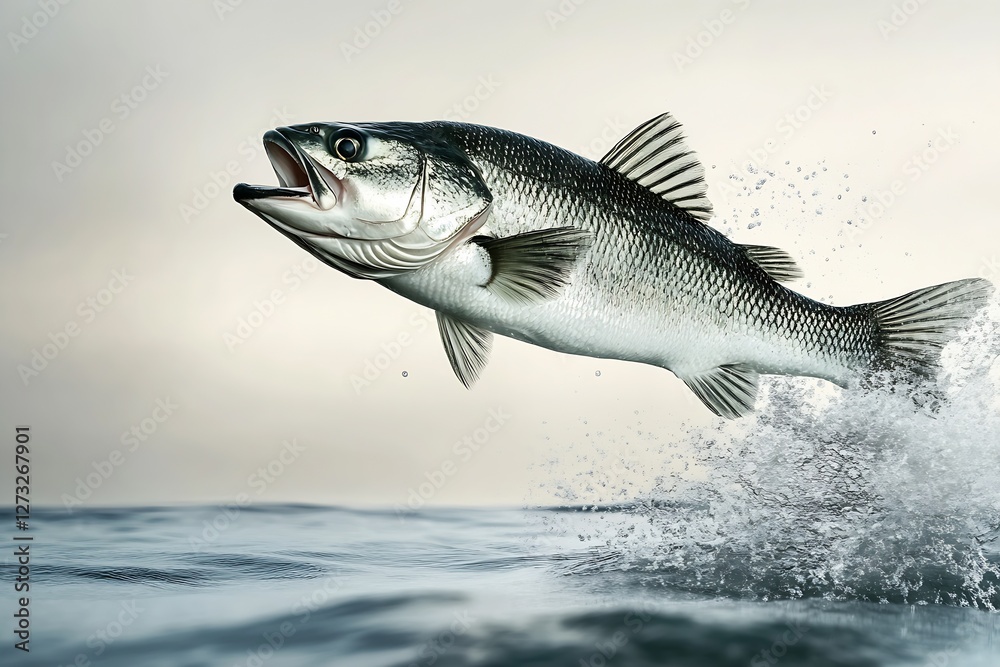 Poster dynamic and graceful capture of a bass leaping above serene waters : generative ai