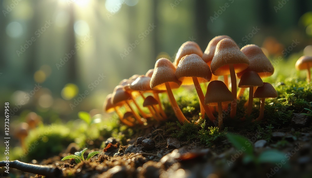 Poster magical close up view of small mushrooms in a forest illuminated by soft natural light