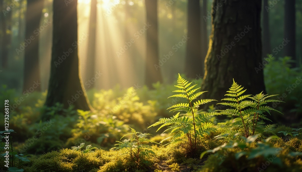 Aufkleber Dreamlike forest with sunlight filtering through trees creating a serene atmosphere