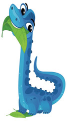 cartoon scene with happy prehistoric animal brontosaurus diplodocus dino dinosaur eating leafs smiling and walking isolated on white background illustration for children