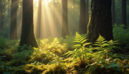 Fototapeta premium Dreamlike forest with sunlight filtering through trees creating a serene atmosphere