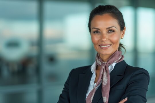 Head and shoulders Portrait of an elegant stylish Samoan 40 years old female flight attendant in uniform.