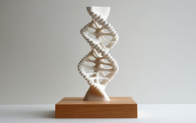 A 3D-printed white DNA inspired model on a wooden base against a neutral background.