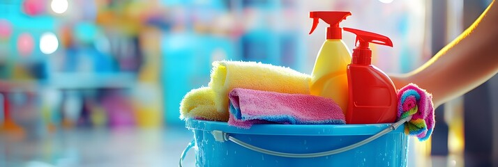 Cleaning supplies in a bucket, store background