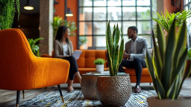 A modern and contemporary office setting with comfortable seating arrangement for a professional interview or business consultation between a candidate and an interviewer