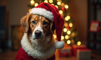 A festive dog in a Santa hat poses in front of a Christmas tree, capturing the spirit of the holidays and bringing joy to any seasonal project.