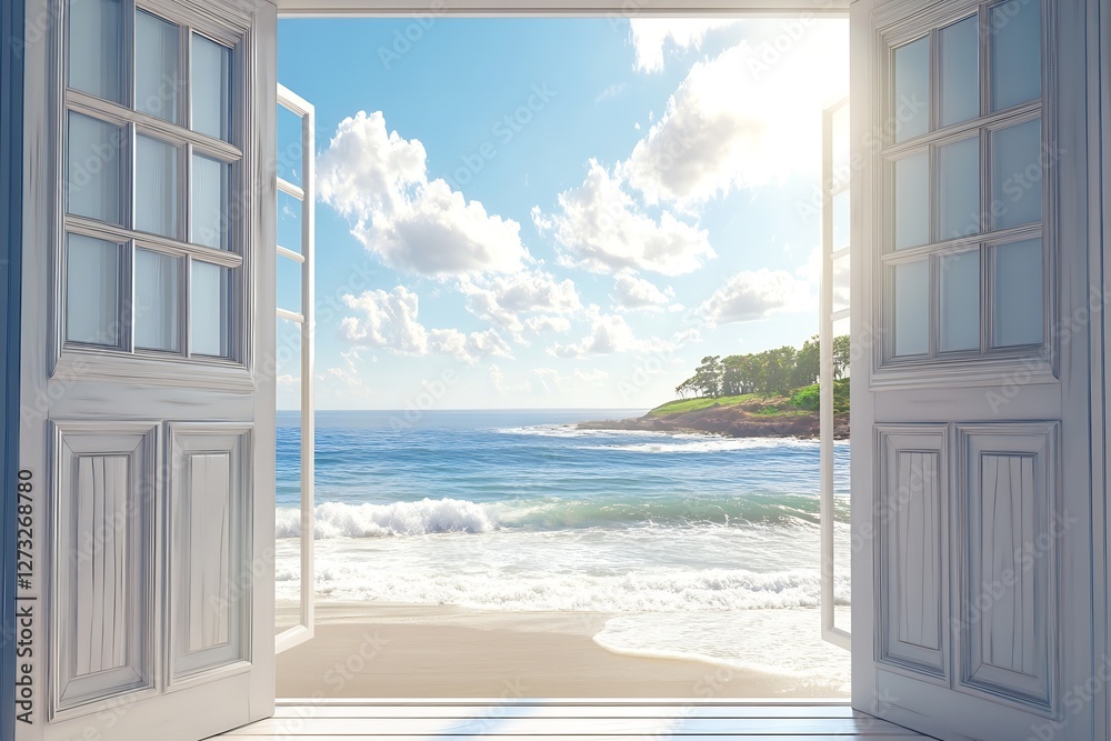 Poster Stunning Ocean View through Open Doors with Bright Sky and Soft Waves : Generative AI