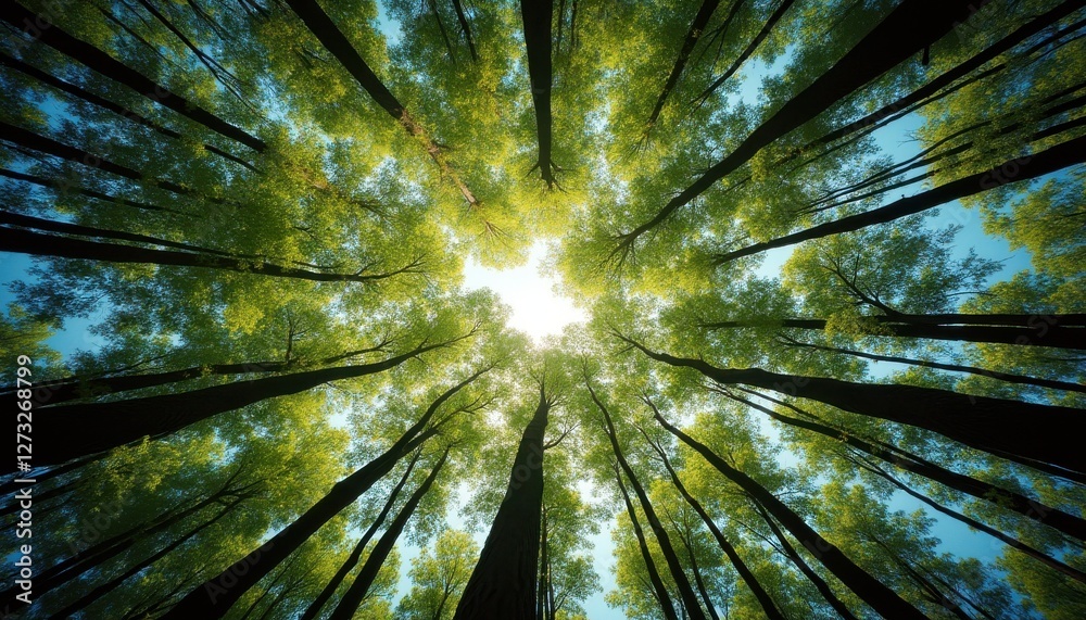 Aufkleber panoramic upward view of lush green treetops and bright sunlight in a serene forest setting