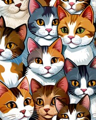 Adorable kawaii cats seamless pattern cute cartoon feline background for fabric, wallpaper & prints