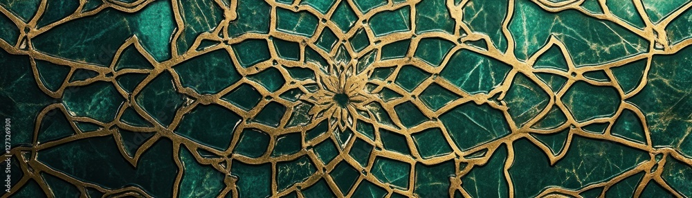Poster intricate golden lattice pattern overlaying emerald green marble surface