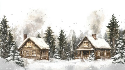 Fototapeta premium Rustic Wooden Cottages Surrounded by Snowfall