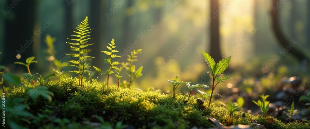 Poster Sunlight filters through trees illuminating young ferns and moss on forest floor at dawn