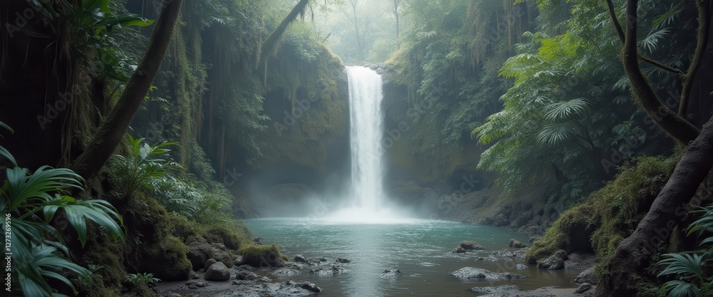 Aufkleber mysterious rainforest waterfall with mist rising from clear pool and lush greenery surrounding the a