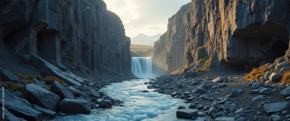 Poster raw and powerful depiction of a waterfall in iceland surrounded by dramatic cliffs and a serene rive