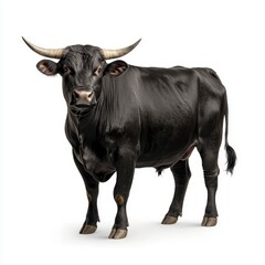 Naklejka premium Strong Black Bull Standing Tall Against a Clean White Background in Studio Lighting