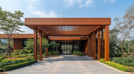 A hotel entrance framed by an aluminum facade with vertical louvers for natural ventilation