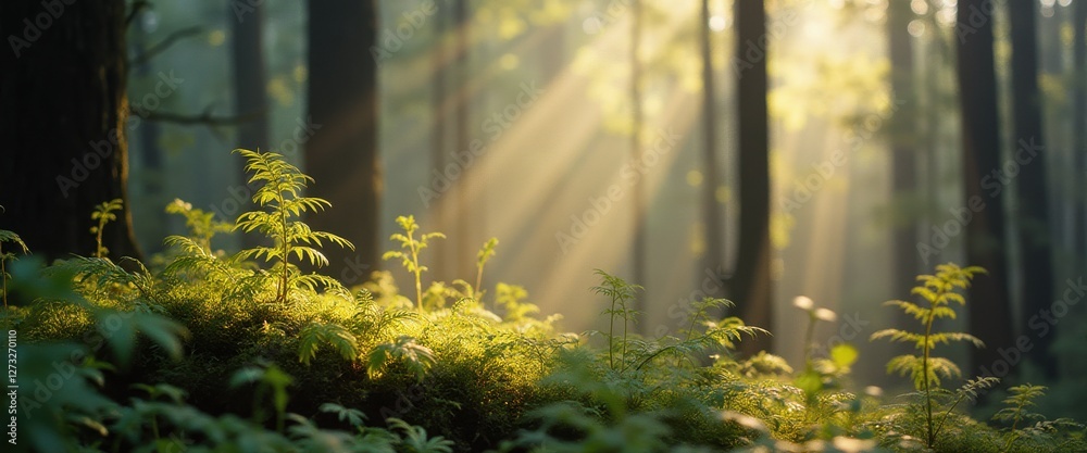 Poster dreamlike forest with soft sunlight filtering through trees and vibrant ferns basking in gentle morn